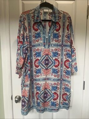 Rachel Zoe Long-Sleeve Collared Tile-Print Dress in Blue & Red
